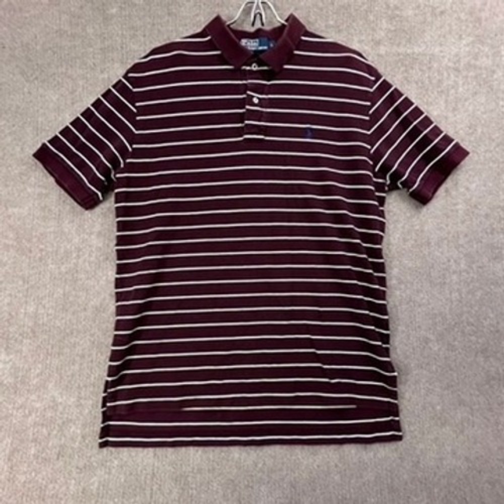 Vintage Ralph Lauren Polo Shirt Men's Large L Burgundy White Stripe‎ Preppy Golf
